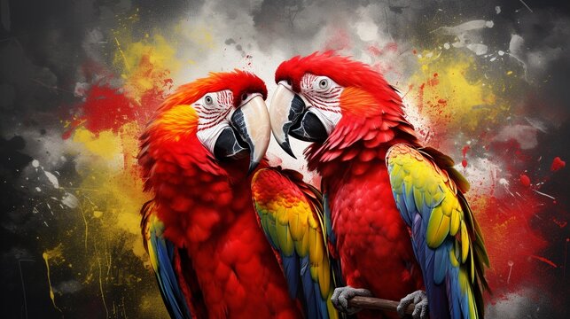 An image featuring vibrant parrot portraits against a textured background, with space for text. Background image, AI generated