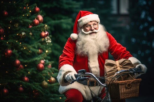 P&egrave;re No&euml;l &agrave; v&eacute;lo passant devant un sapin de no&euml;l.