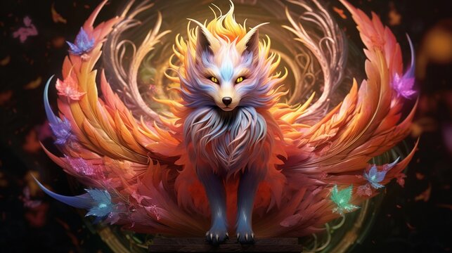 An image showcasing a mythical nine-tailed fox in Asian folklore, with each tail adorned in vibrant colors. Background image, AI generated