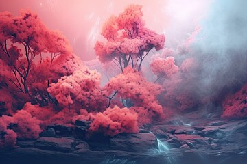 Fototapeta premium landscape with fog and trees Generative Ai