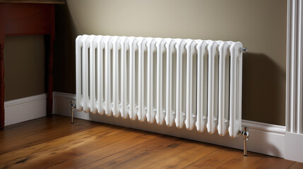 Generative AI, steel panel vertical heating radiator in the interior, apartment, heating system in house, industrial design, heater, technology, energy, heat, battery, convection, pipe, warmth, metal
