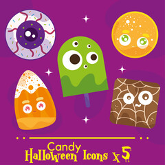 Obraz premium VECTOR SET CANDY HALLOWEEN CUTE ILLUSTRATIONS AND ICONS, GUMMY, BROWNIE, EYE, POPSICLE. ISOLATED ON PURPLE