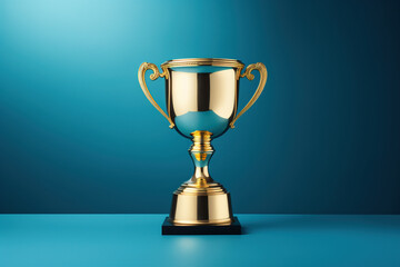 a golden trophy on a blue pedestal against a blue background with a light reflection on the floor - obrazy, fototapety, plakaty