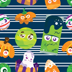 CUTE PATTERN CANDY HALLOWEEN VECTOR ILLUSTRATIONS CANDY BALL, PUMPKIN, ZOMBIE, MONSTER, GHOST. ISOLATED ON HORIZONTAL BLUE AN WHITE LINES. WRAPPING, TEXT