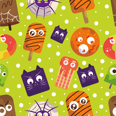 CUTE PATTERN CANDY HALLOWEEN VECTOR ILLUSTRATIONS CAT, CANDY DONUT, WEB SPIDER, ZOMBIE, GUMMY, COOKIE, POPSICLE. ISOLATED ON GREEN. WRAPPING, TEXTILE, WALLPAPER, CLOTHING