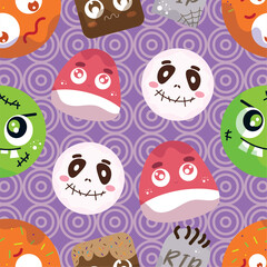 CUTE PATTERN CANDY HALLOWEEN VECTOR ILLUSTRATIONS ZOMBIE, TOMB, BROWNIE, GUMMY, CHOCOLATE. ISOLATED ON LIGHT PURPLE WITH CIRCLES. WRAPPING, TEXTILE, WALL