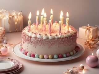 Birthday cake with candles and decoration, blurry background