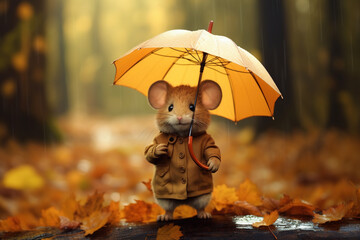 Little mouse with an umbrella in the rain in the autumn forest