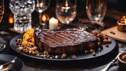 grilled steak with vegetables in plate at luxury restaurant

