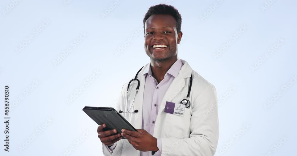 Canvas Prints Tablet, doctor and face of black man in studio for medical service, care and online support. Healthcare, smile and portrait of person on digital tech for website, research and help on blue background