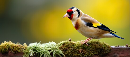 British goldfinch Carduelis carduelis sitting in a garden Colorful finch from the UK - obrazy, fototapety, plakaty
