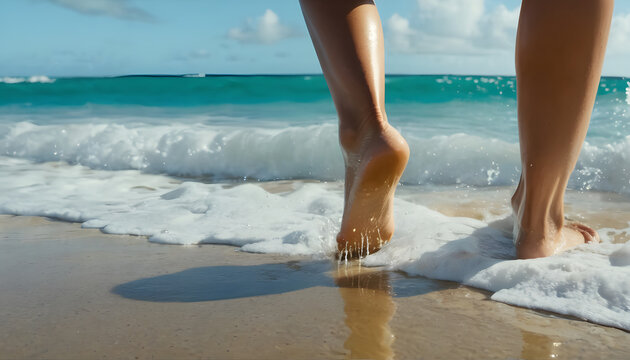 Barefoot Walk on Beach: Tranquil Sunset Escape for Young Woman - Powered by Adobe