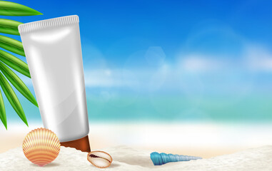 Sunscreen tube on beach with palm branch and seashells. Vector illustration.