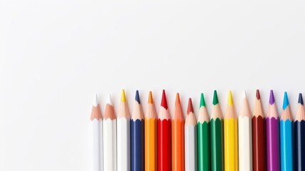 Fototapeta premium A set of colored pencils on a plain empty white background. Generative AI. 