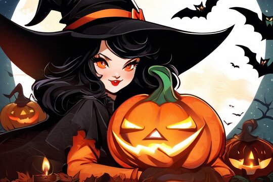 Halloween cute witch with pumpkin background
