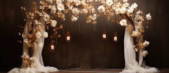 Classic wedding arch with white fabric brown wall flowers and wooden structure adorned with dry flowers and incandescent lamps in a studio photo shoot