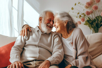 Happy mature couple in love embracing, laughing grey haired husband and wife with closed eyes, horizontal banner, middle aged smiling family enjoying tender moment, happy marriage, sincere feelings
