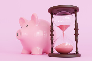 Pink piggy bank standing next to a hourglass on pink background. Illustration of the aphorism of time is money