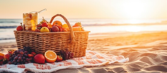 Charming beach picnic at sunset with boho vibes featuring fresh fruit linen blanket and wicker bag - Powered by Adobe