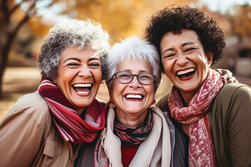 Portrait and close up of three old mature women having fun laughing and having a good time together outdoor. Senior friendship concept lifestyle. African and caucasian
 - obrazy, fototapety, plakaty