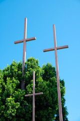 Triple Cross Silhouetted On The Sky, Baptist Religious Symbol, Christian Church Crosses