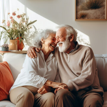 Happy mature couple in love embracing, laughing grey haired husband and wife with closed eyes, horizontal banner, middle aged smiling family enjoying tender moment, happy marriage, sincere feelings
