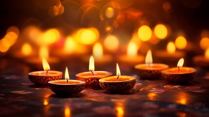 Beautiful lit candles for Diwali, or Festival of Lights. Generative AI. 