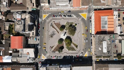 Independencia Park, aerial shot of square park in Tulcan city, Ecuador