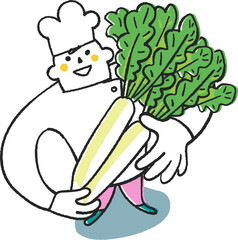 立派な大根を持ってこちらを見上げるコックまたは料理人　イラスト素材
