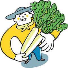 立派な大根を持ってこちらを見上げる農家さんまたは家庭菜園をする人　イラスト素材
