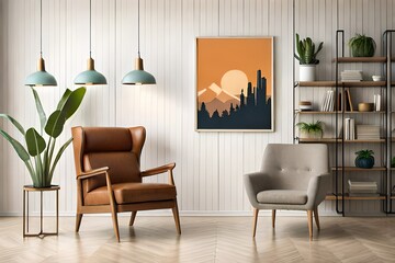 Retro composition of living room interior with mock up poster maps, wooden shelves, books,...