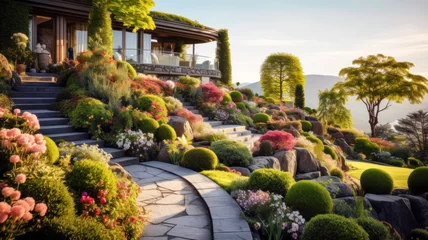 Fototapeten Landscaped garden with stairs in summer, luxury home backyard design © karina_lo
