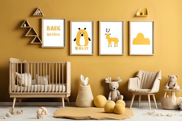 Stylish yellow matte scandinavian newborn baby room with four brown wooden mock up poster frame,...