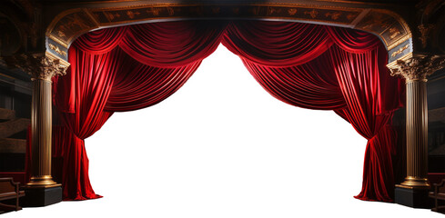 Dramatically Lit Lustrous Red Velvet Theatre Curtains and Wooden Stage Floor. Generative AI. Transparent PNG.