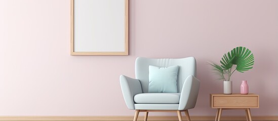 Living room with pastel armchair wooden cupboard poster and plant