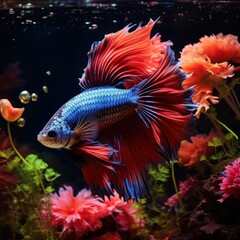 A serene Betta fish swimming gracefully in a beautifully decorated aquarium, its vibrant colors reflecting in the water