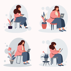 Alpha Woman Sitting In The Chair Was Doing Her Work With Her Laptop Clipart Flat Illustration Pastel Color