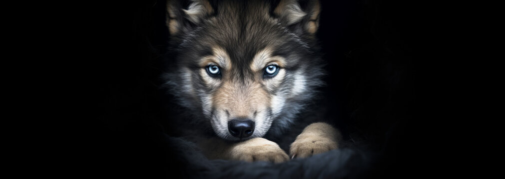 Eyes of the Wild,  Lone Wolf Pup with Ice Blue Eyes Observing from Its Den, Black Background. 