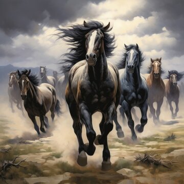 visual representation of a herd of wild horses galloping freely through an open field, their flowing manes and tails creating a sense of freedom