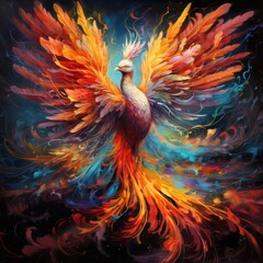 image of a mythical phoenix rising from the ashes, its fiery plumage radiating with vibrant hues