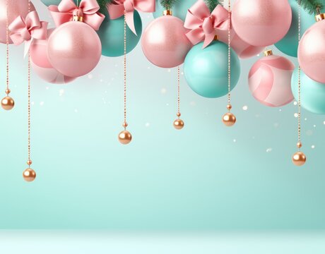 Christmas pink and turquoise balls and Christmas decor on a turquoise background. free space