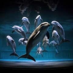 the synchronized swimming performance of a school of synchronized dolphins, their graceful movements creating a mesmerizing spectacle