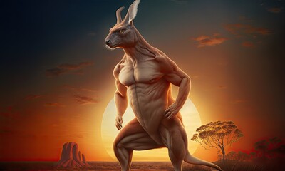 At sunset in outback Central Australia, a muscular kangaroo stands proudly its powerful form highlighted against the fading hues of the sky. Animal Wild beauty of the Australian landscape AI-Generated
