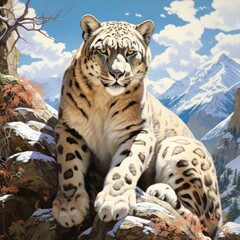 Obraz premium the fierce gaze and regal poise of a snow leopard, camouflaged among rocky mountain peaks