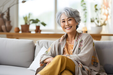 Happy beautiful relaxed mature older adult grey-haired woman relaxing on sofa at home.