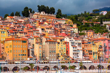 Fototapeta premium Colorful cosy houses in the Old Town of Menton, perle de la France, French Riviera, France