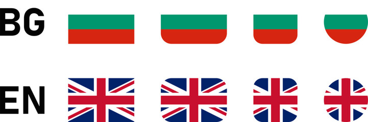 Flag Icon Set including UK United Kingdom and Bulgaria Flags for English and Bulgarian Language Selection Symbol Button. Vector Image.