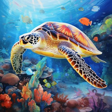 serene image of a sea turtle peacefully gliding through crystal-clear waters, surrounded by colorful fish and coral