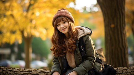 秋の公園で丸太に腰掛け一休みする女の子のポートレート