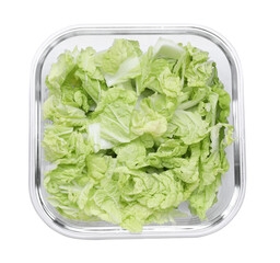 Glass container with fresh cabbage isolated on white, top view